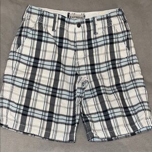 Express Black, White, Blue Plaid Shorts